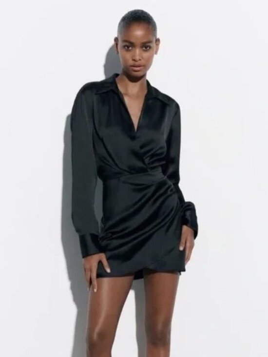 Zara Dresses & Skirts - Zara Satin Effect Black Long Sleeve Mini dress Size Small
